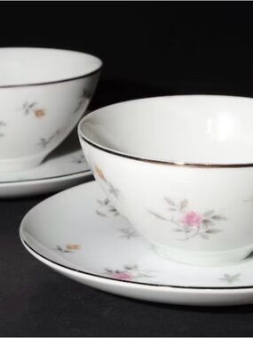 8 set duo of Teacup and Saucer with Pink and Yellow scattered red rosebuds